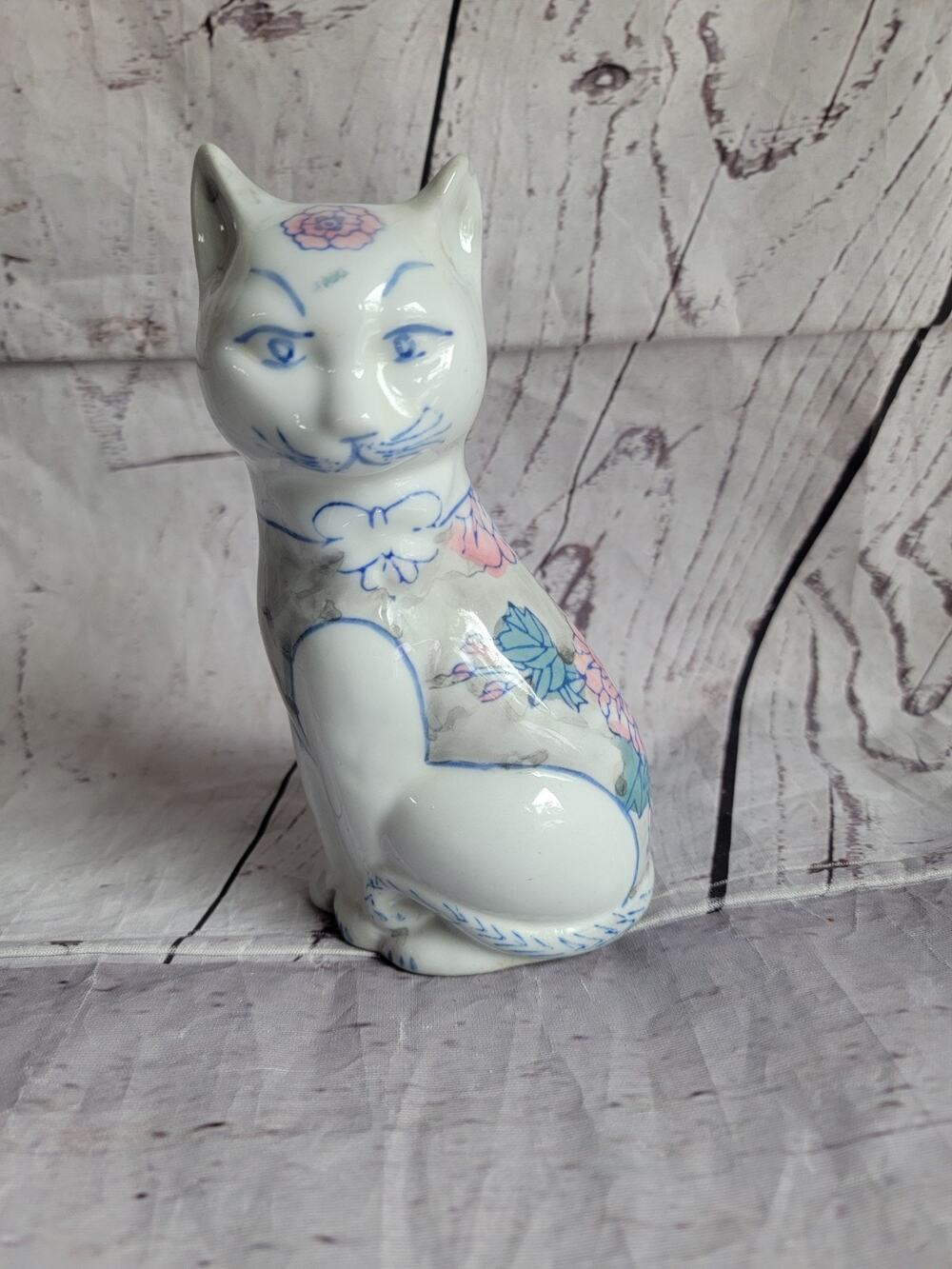 Vintage Chinese Hand Painted Flowered Floral Ceramic Cat Figure